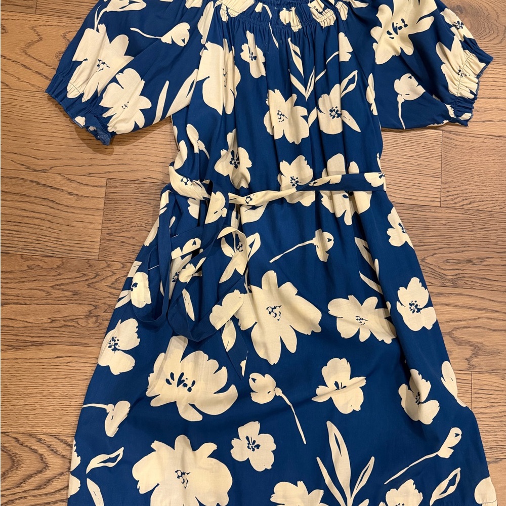 Elegant Floral Blue and Cream Dress